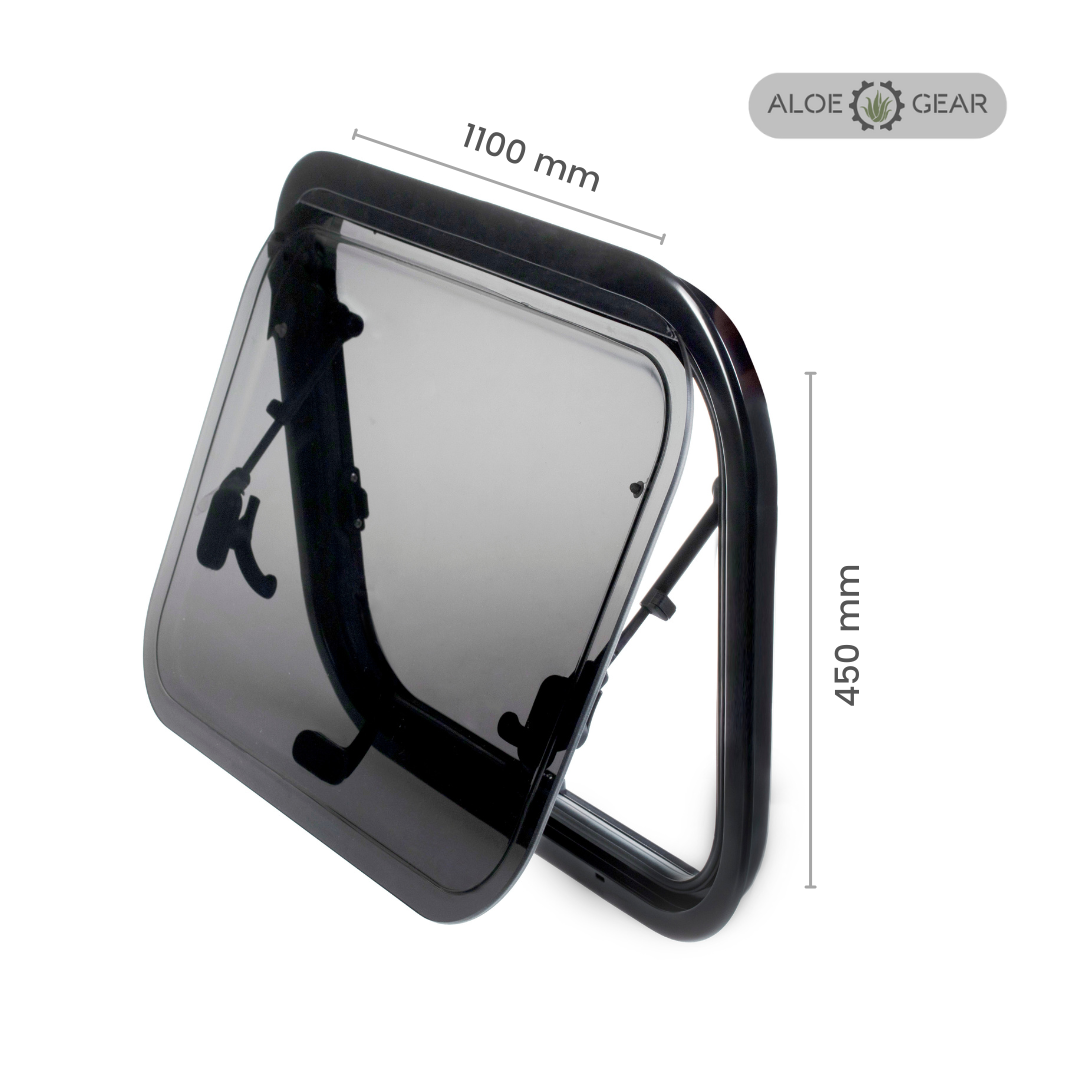 Motorhome and Caravan window with dimensions labeled on a white background, featuring the Aloe Gear brand.