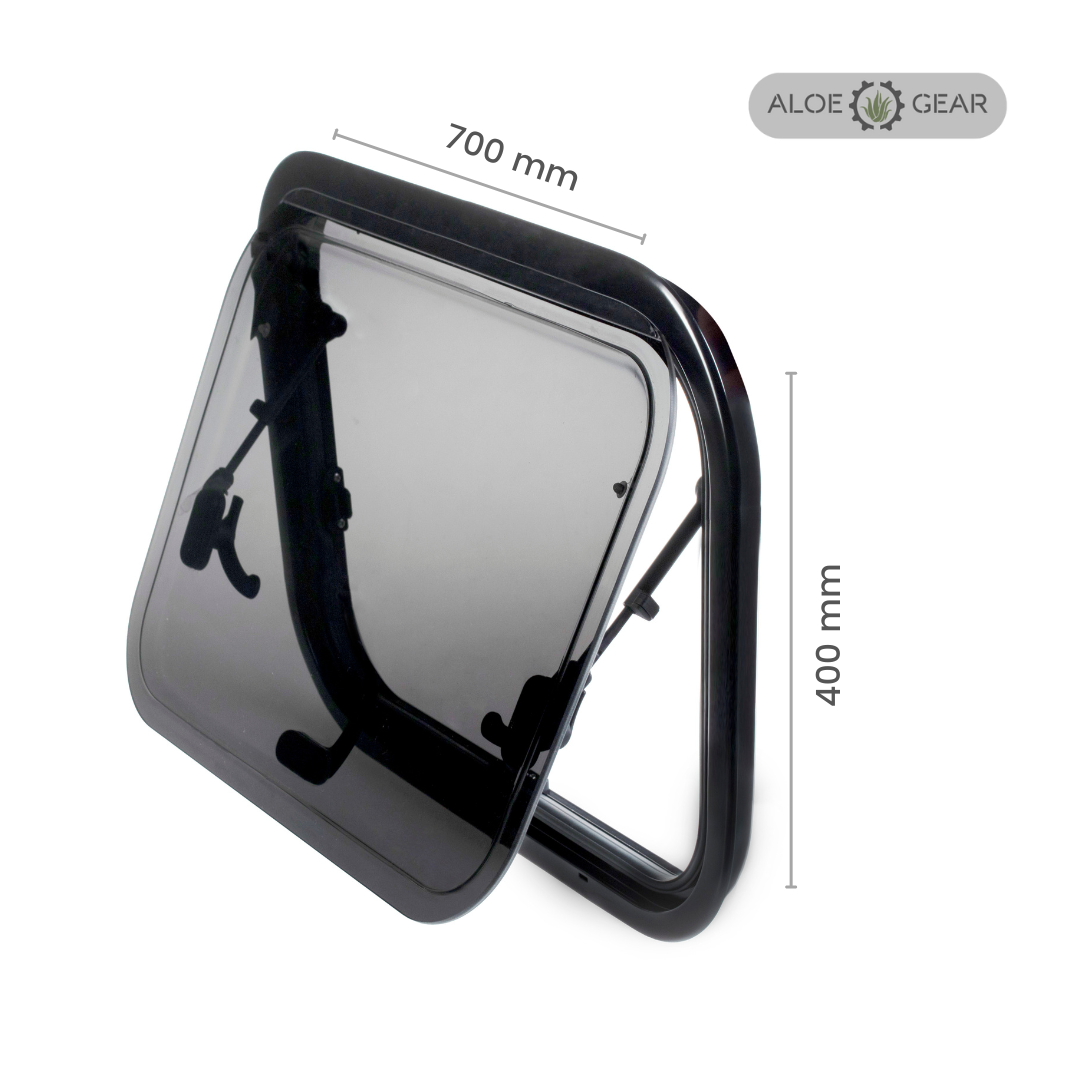 Motorhome and Caravan window with dimensions labeled on a white background, featuring the Aloe Gear brand.