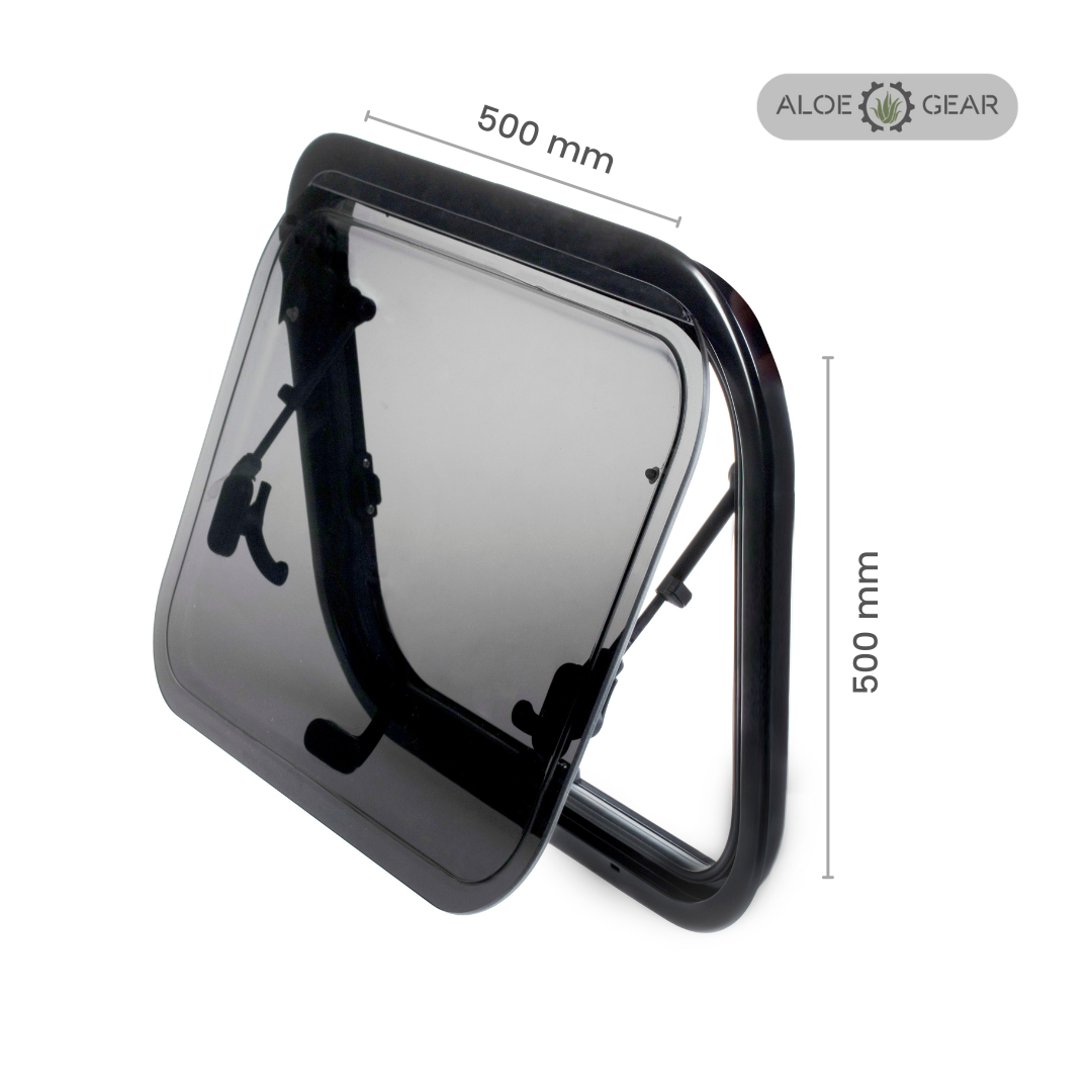 Motorhome and Caravan window with dimensions labeled on a white background, featuring the Aloe Gear brand.