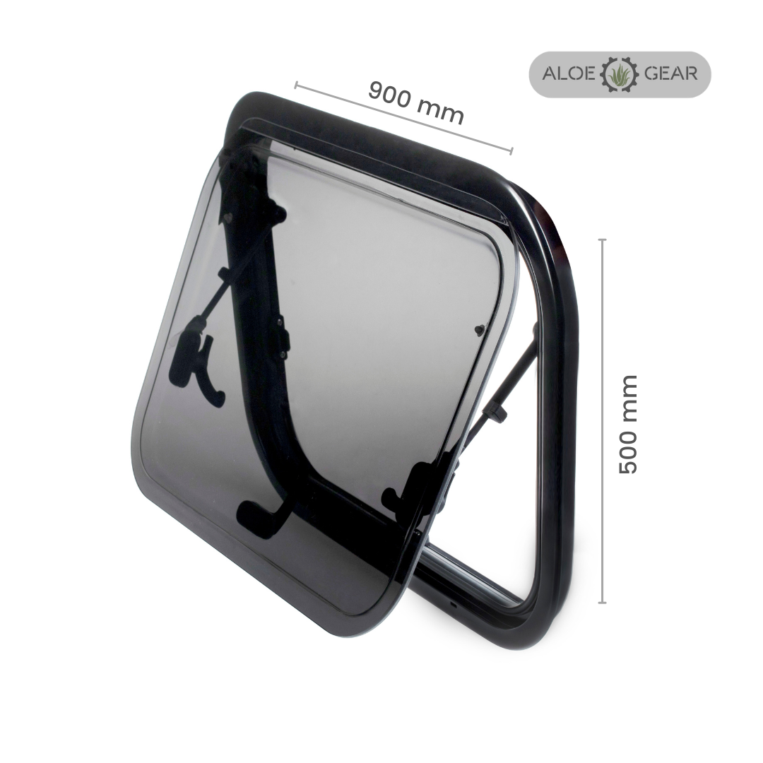 Motorhome and Caravan window with dimensions labeled on a white background, featuring the Aloe Gear brand.