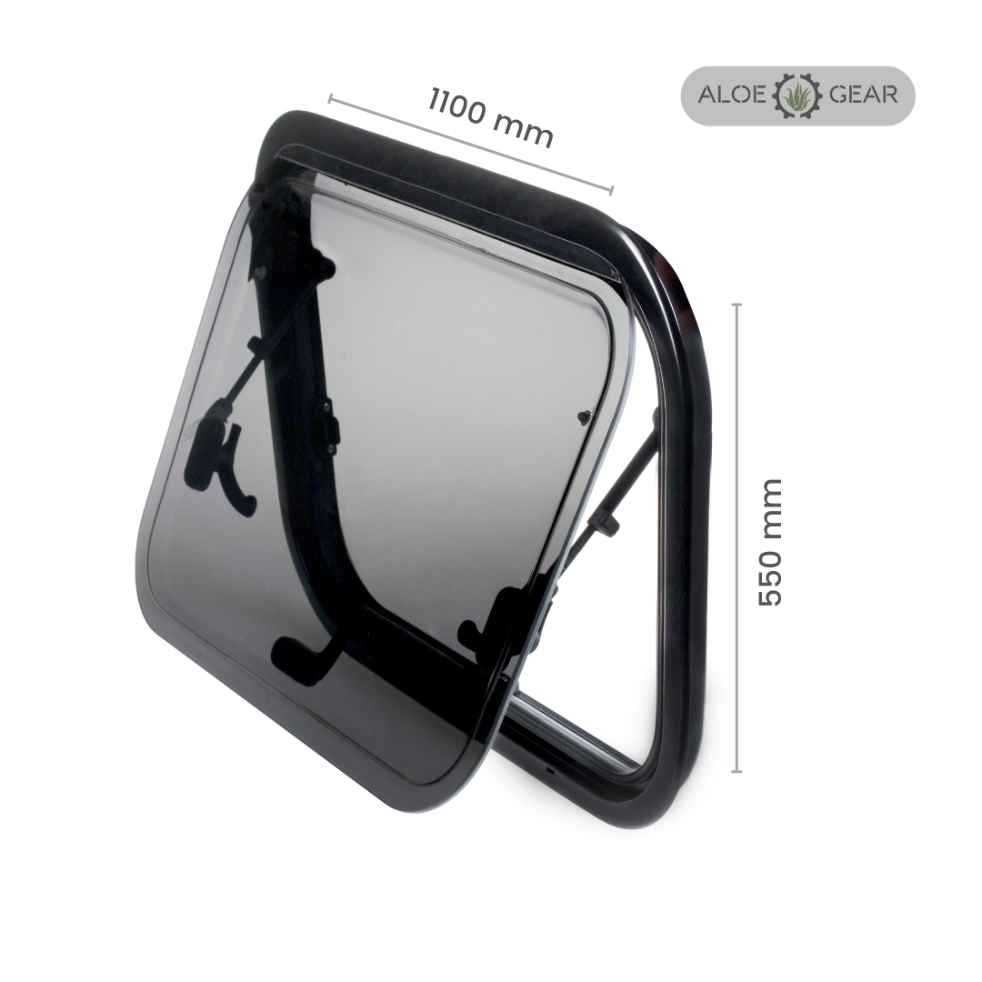 Motorhome and Caravan window with dimensions labeled on a white background, featuring the Aloe Gear brand.