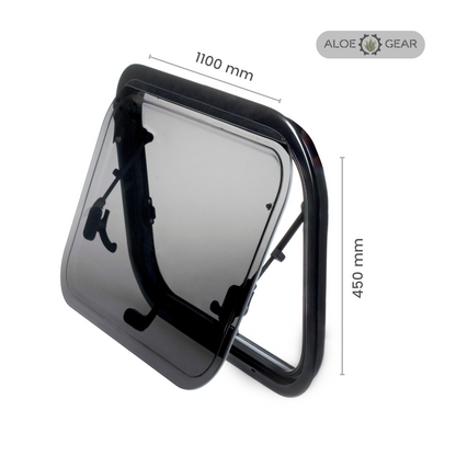 Motorhome and Caravan window with dimensions labeled on a white background, featuring the Aloe Gear brand.