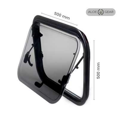 Motorhome and Caravan window with dimensions labeled on a white background, featuring the Aloe Gear brand.