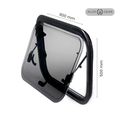 Motorhome and Caravan window with dimensions labeled on a white background, featuring the Aloe Gear brand.