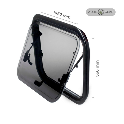 Motorhome and Caravan window with dimensions labeled on a white background, featuring the Aloe Gear brand.